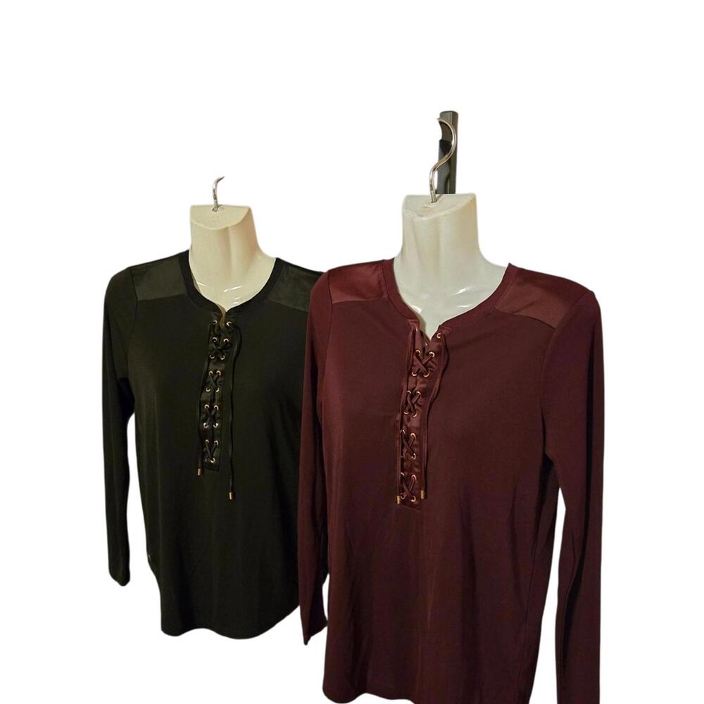 Ralph Lauren Women's Long Sleeve Lace-Up Front Top - Black &‎ Burgundy
